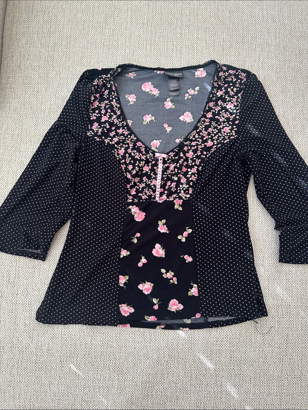 Bisou Bisou Black V-Neck Mixed Floral & Polka Dot Blouse
